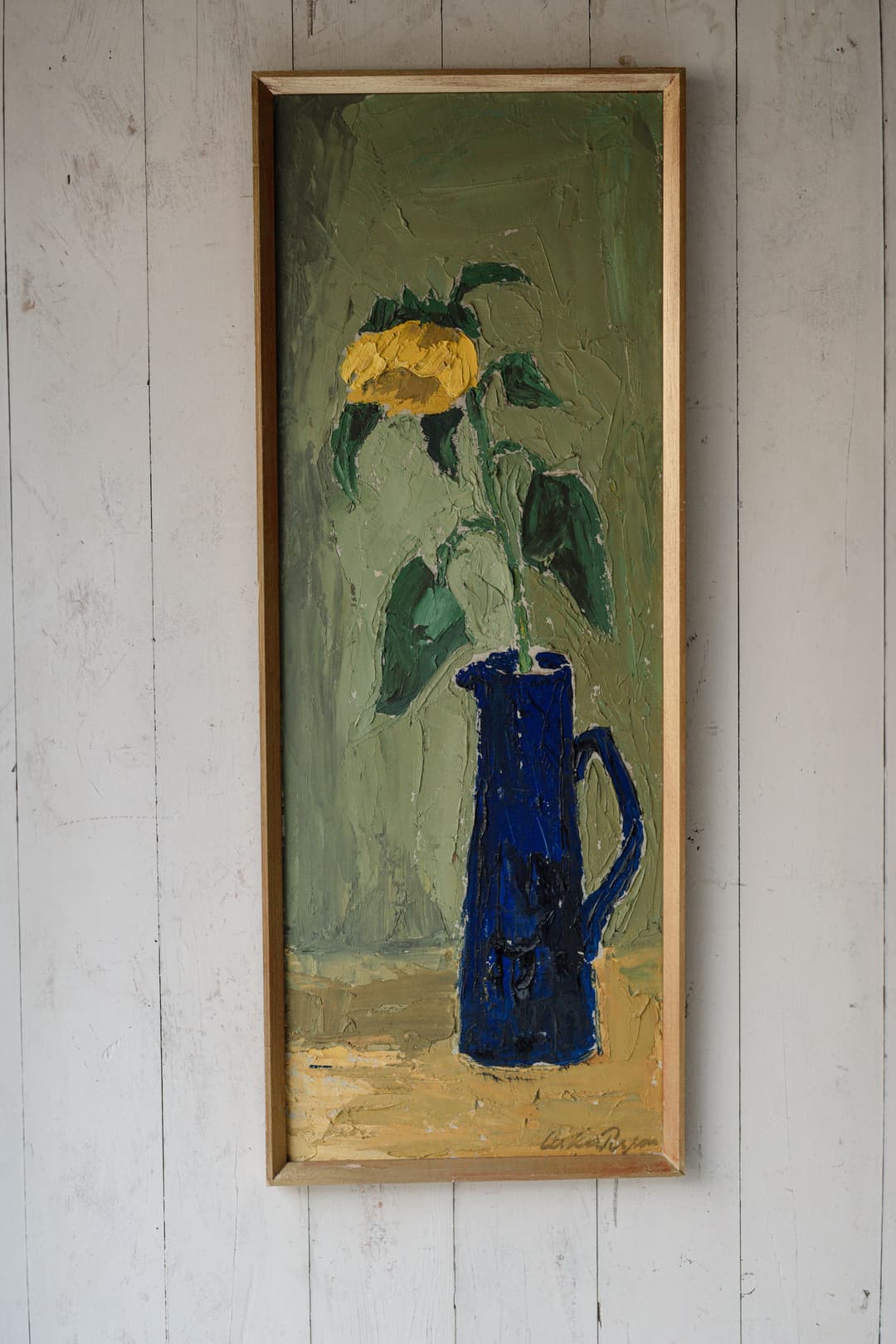 Sunflower and Blue Jug Swedish Oil on Board by Oskar Person