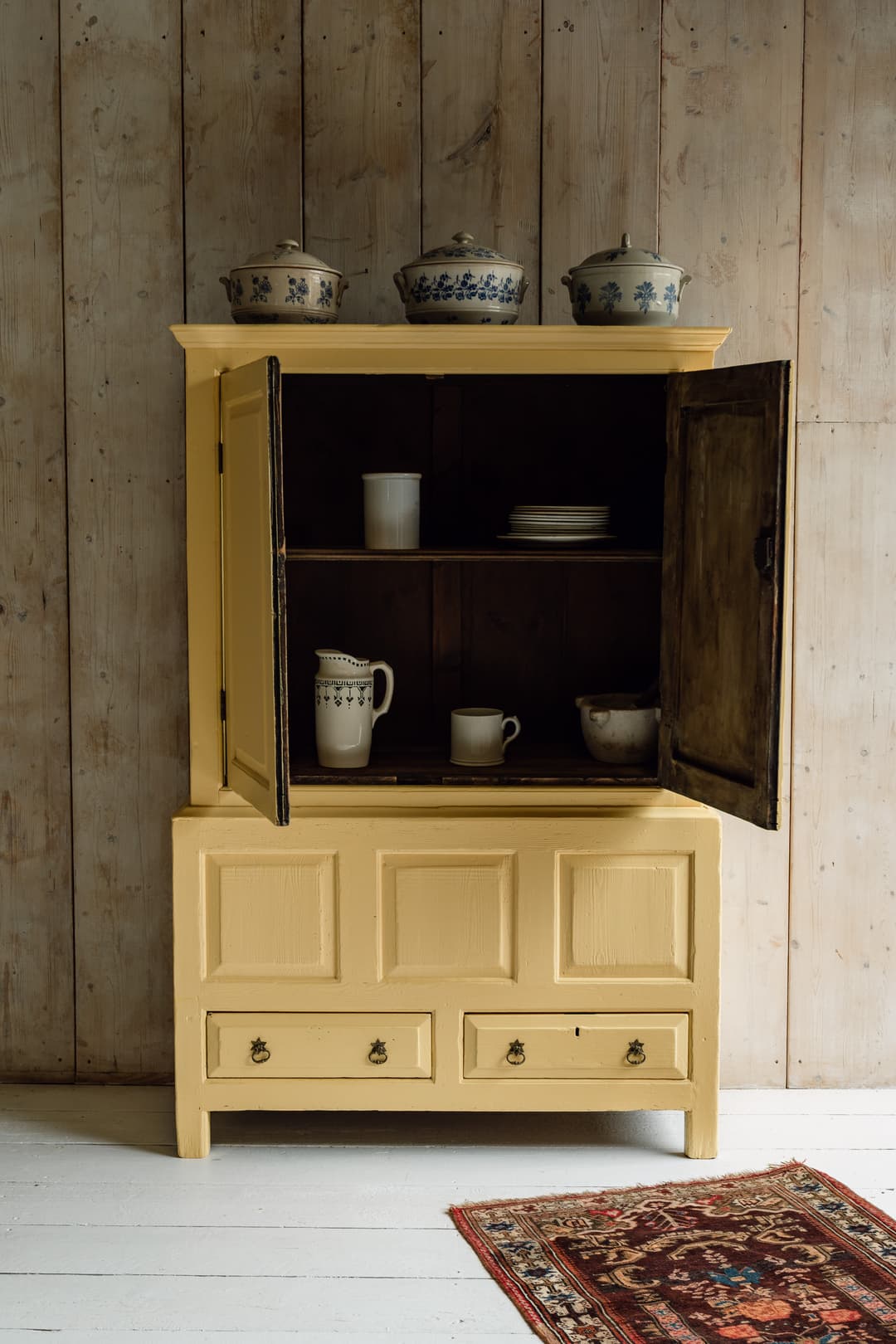 English Country House Cupboard with a Coffer Base in Warm Yellow Paint c.1800