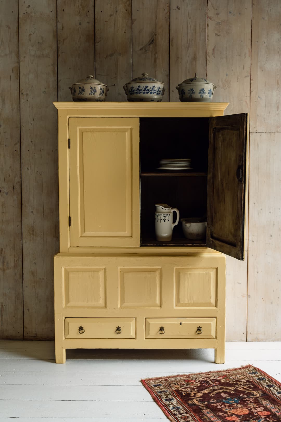 English Country House Cupboard with a Coffer Base in Warm Yellow Paint c.1800