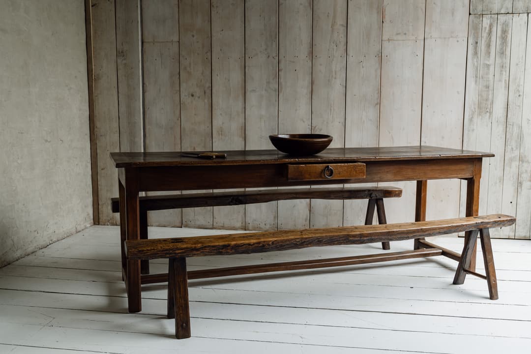Exceptional French Alpine Chestnut Dining Table with Pair of Primitve Oak Benches, c.1850