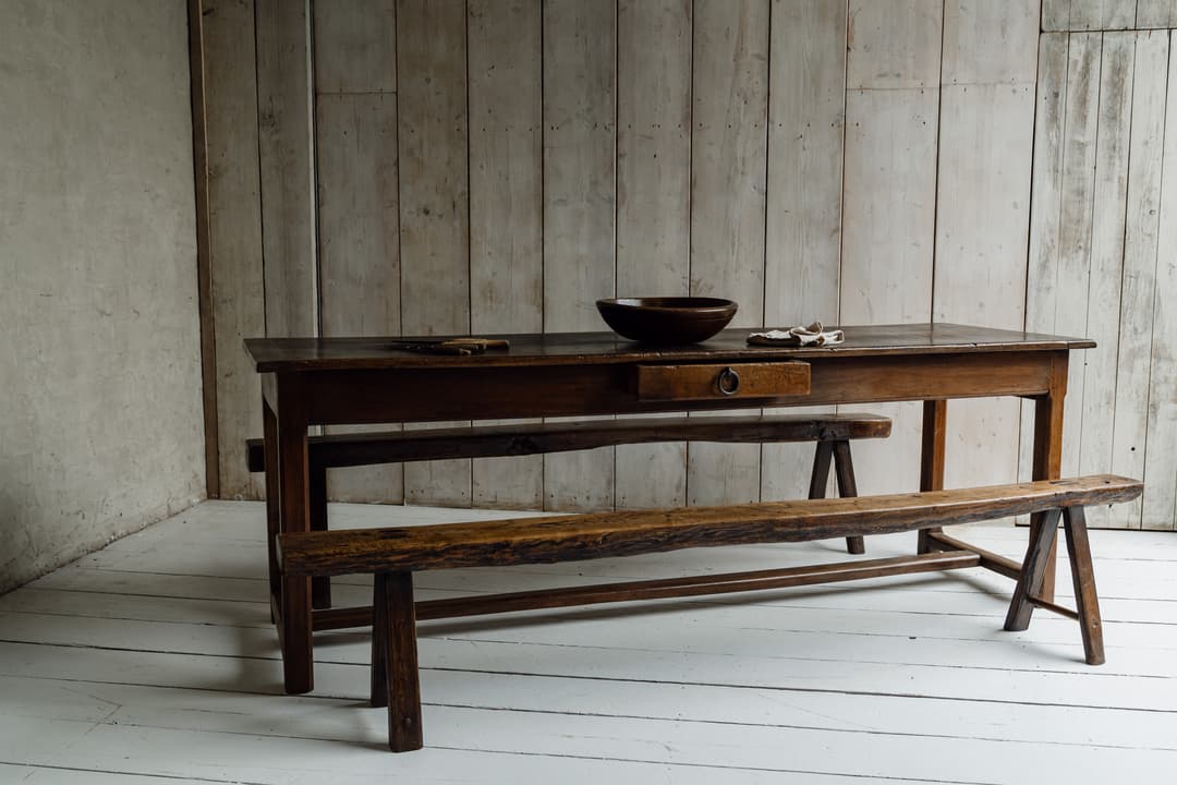 Exceptional French Alpine Chestnut Dining Table with Pair of Primitve Oak Benches, c.1850