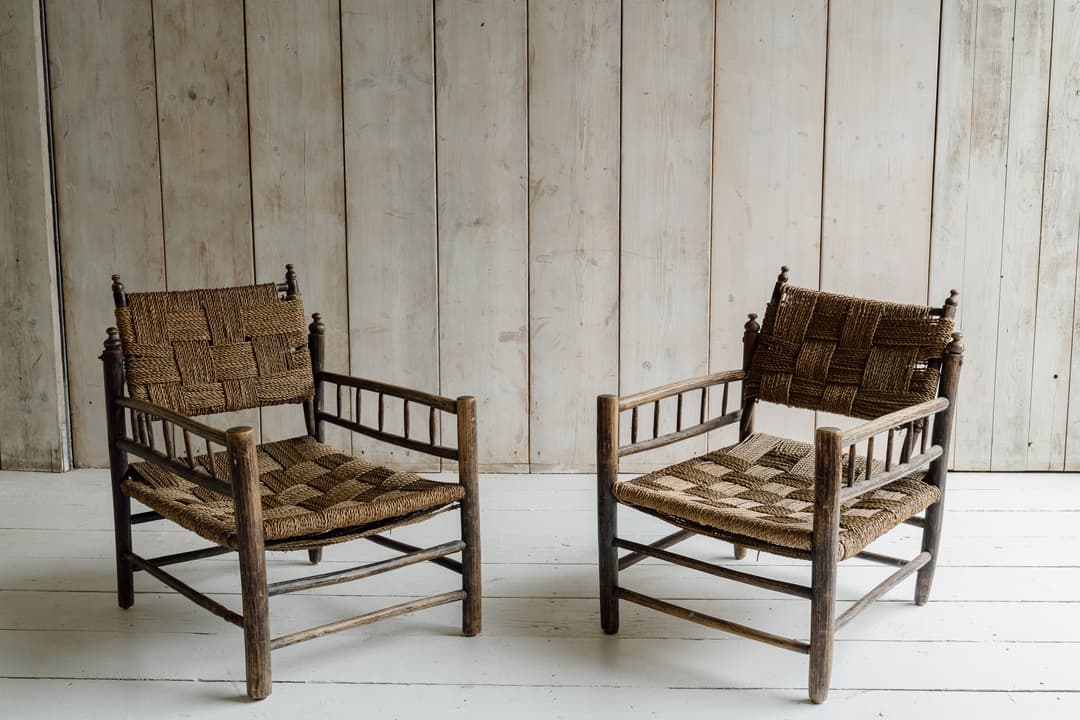 Pair of French Artisanal Woven Rope Lounge Armchairs, c.1950