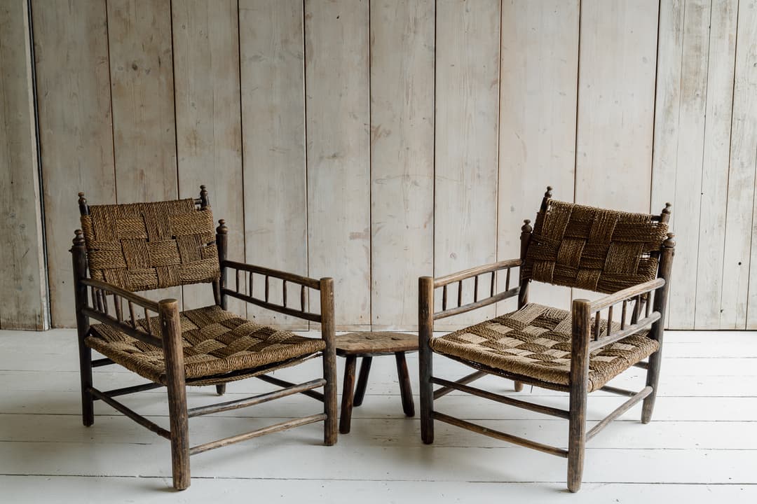 Pair of French Artisanal Woven Rope Lounge Armchairs, c.1950