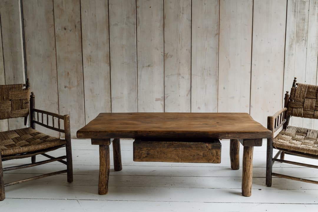 French Rustic Oak Slab Coffee Table with Deep Drawer