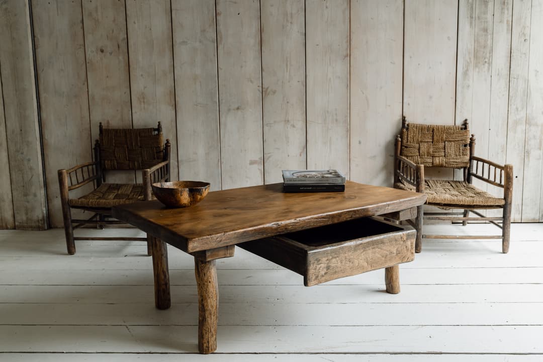 French Rustic Oak Slab Coffee Table with Deep Drawer
